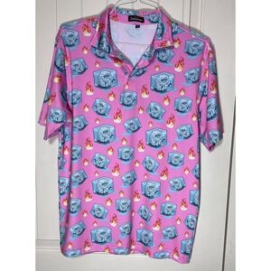 NWT Golf Snowman Mens Large Pink Ice Cube Flame‎ Graphic Performance Polo Shirt